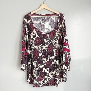 Cato Long Sleeve Waffle Knit Top Floral Scoop Neck Tunic Pockets 26/28W NWT